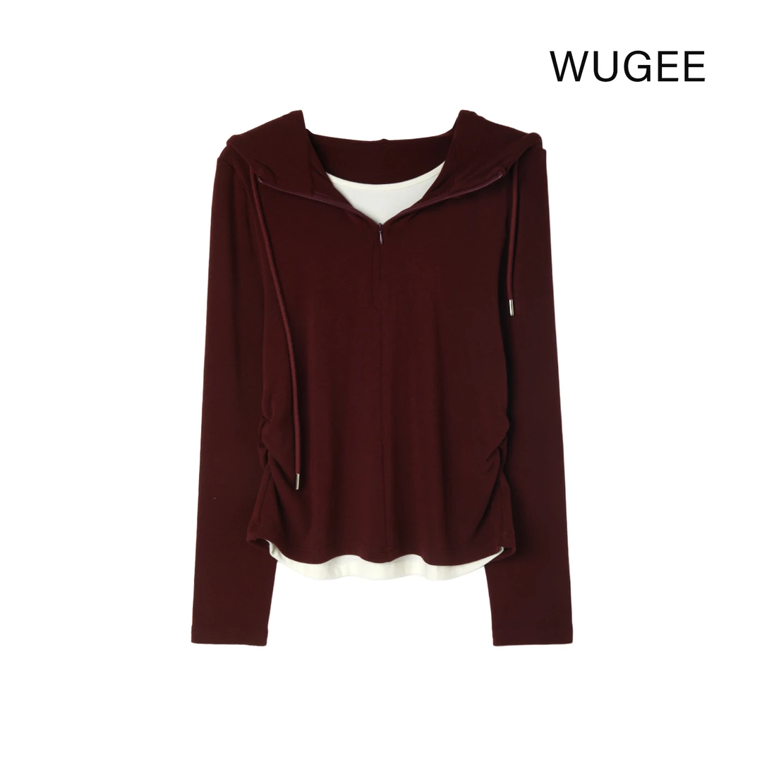 设计师款撞色连帽假两件卫衣安克拉红显瘦百搭休闲轻奢9756