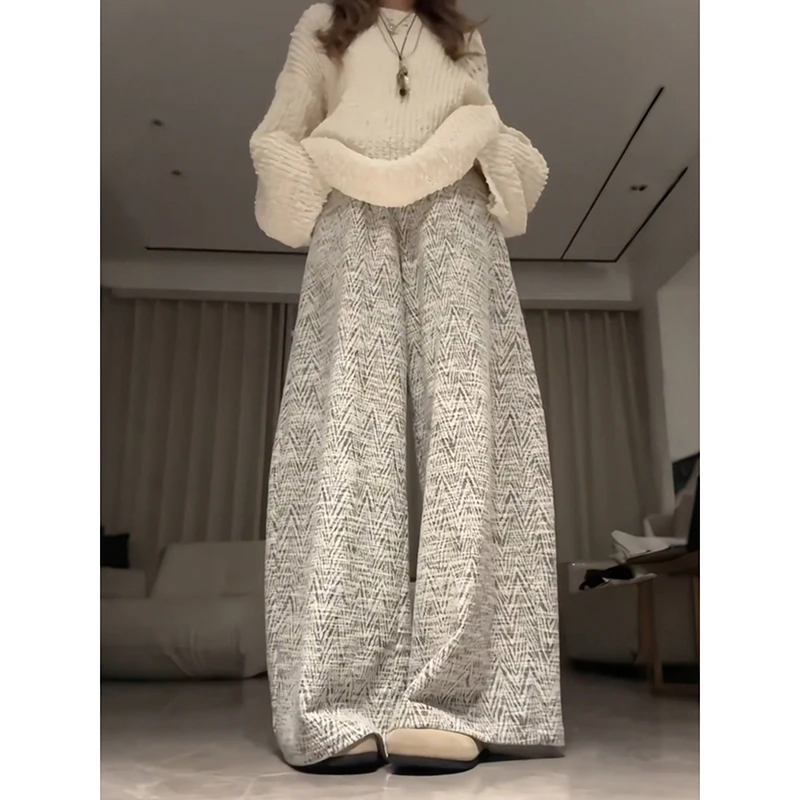 灰色小香风阔腿裤女秋冬新款大码胖mm显瘦休闲慵懒风直筒加绒裤子