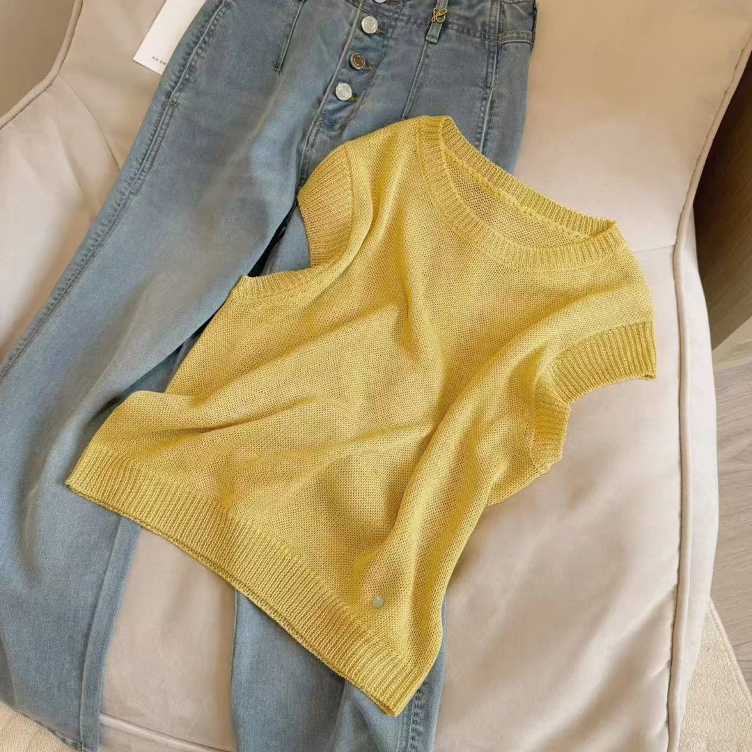 【豆子推荐】9570 夏季纯色亮片针织短袖百搭简约圆领上衣透气显瘦