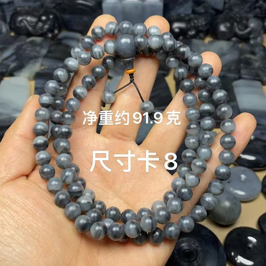 天然和田玉籽 料青花意境108粒卡8圆珠佛珠手链手串