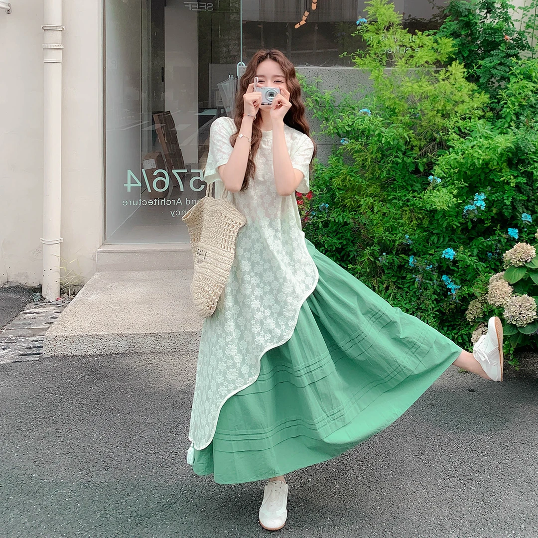 夏日不规则蕾丝罩衫叠穿套装女2025新款绿色高腰半身裙休闲两件套