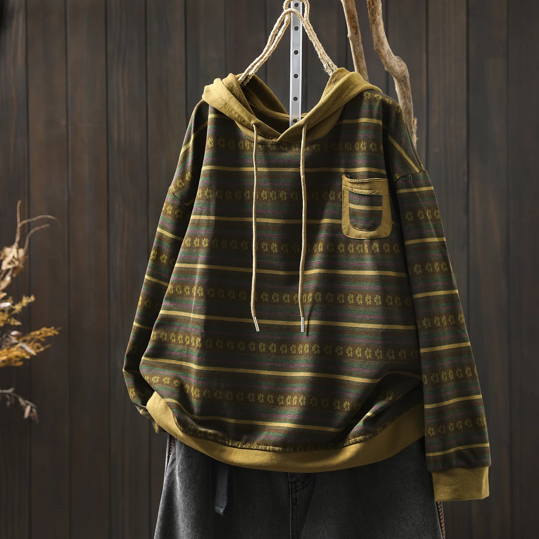 卫衣女款2025新款秋季连帽条纹炒色碎花设计感口袋宽松巨好看上衣