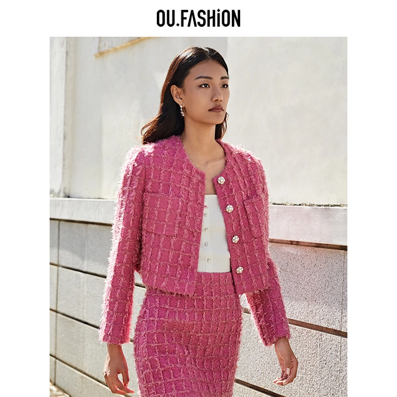 OU.FASHION/欧点小香风编织短款外套粗花呢长袖上衣1072410271