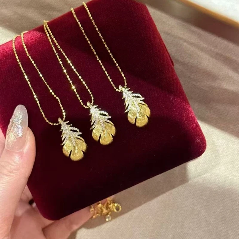 坠链均925银 轻奢时尚拉丝满钻羽毛闪珠链项链