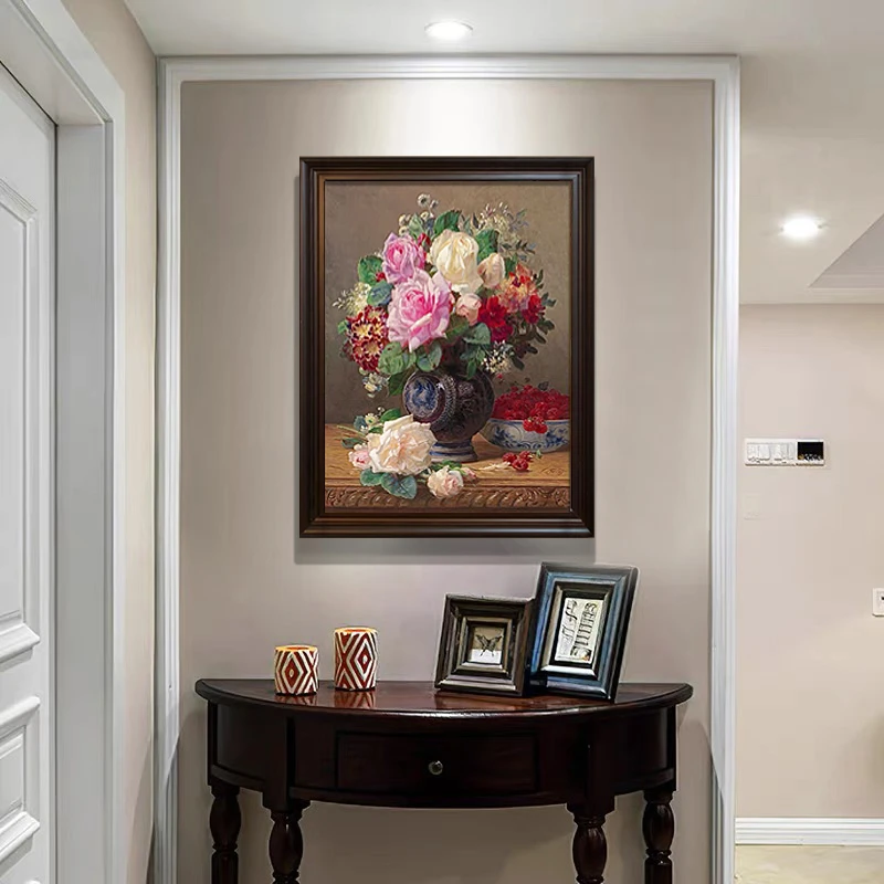 《花开富贵》中古风花卉美式法式复古入户餐厅卧室手工油画壁炉挂画