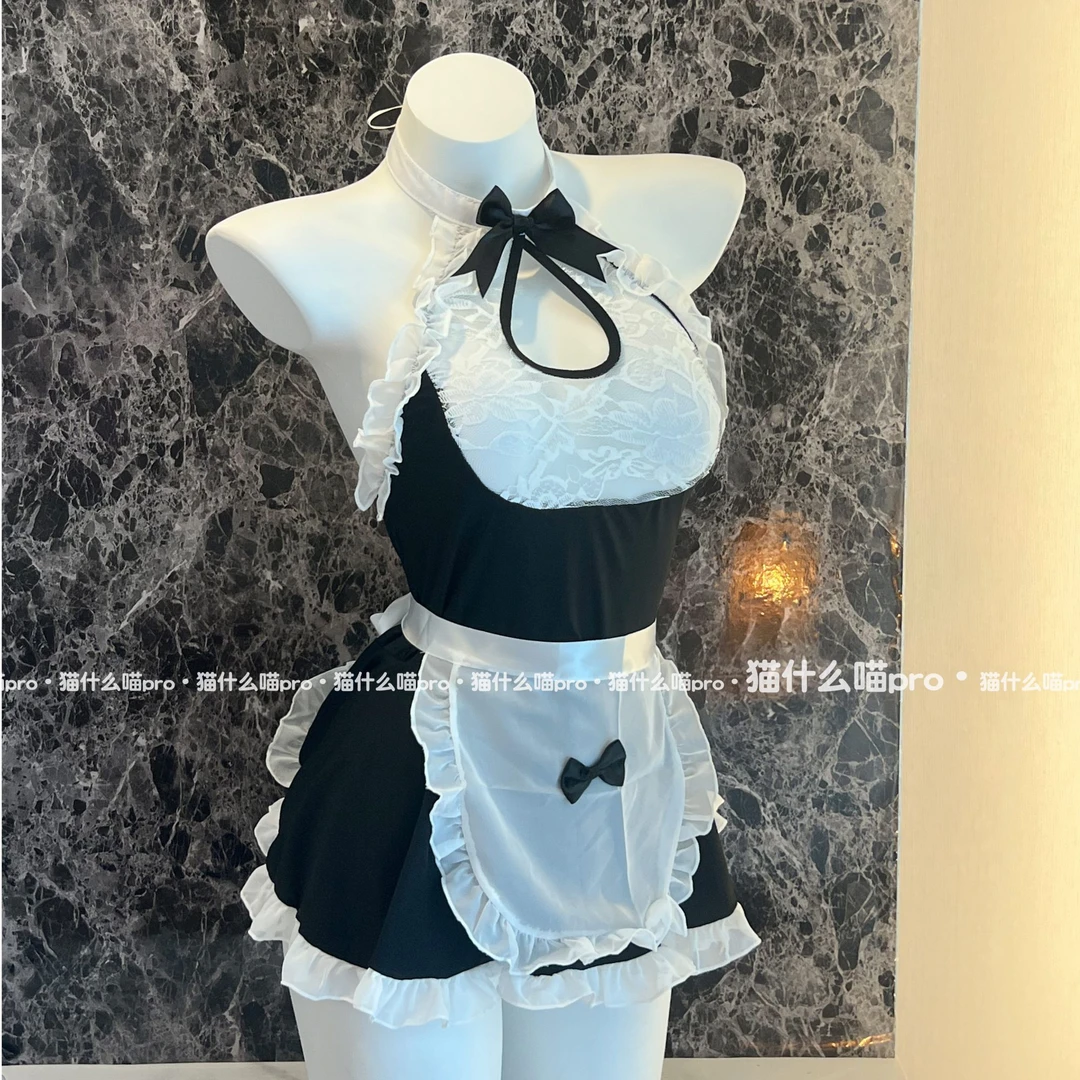 猫什么喵pro·仆仆风挂脖蕾丝版*纯欲黑白lolita氛围感连体贴身裙