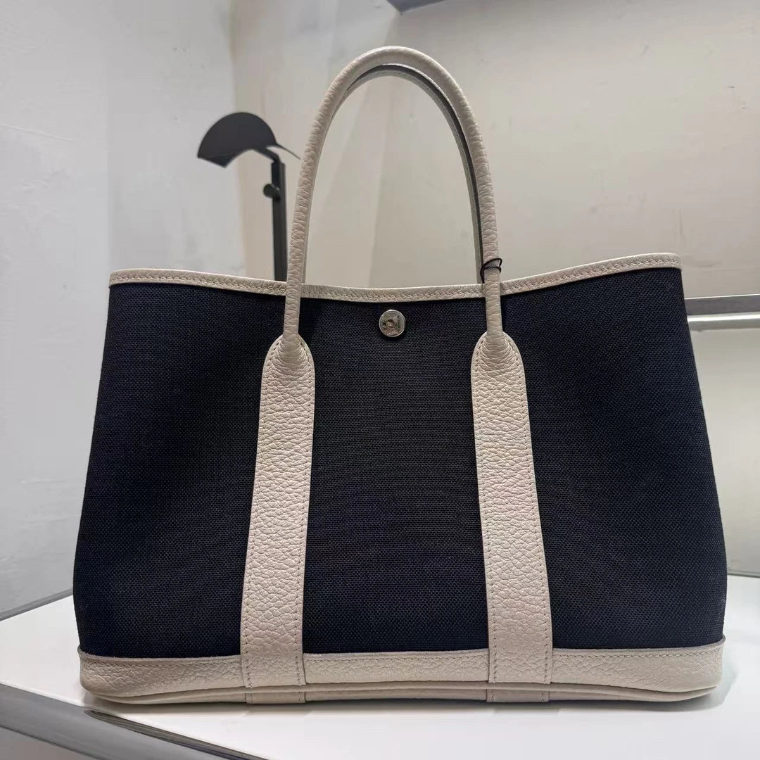 99新 Hermes/爱马仕 帆布拼皮花园30手提包  D刻/18531846