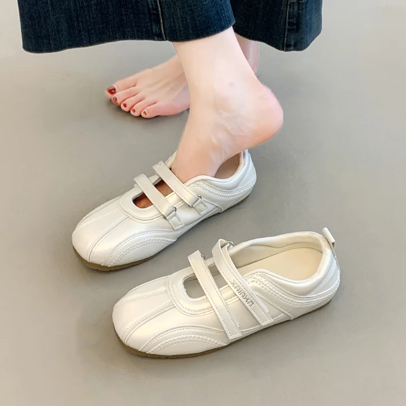 德训魔术贴女鞋白色单鞋2025夏季新款软底芭蕾浅口小皮鞋休闲鞋子