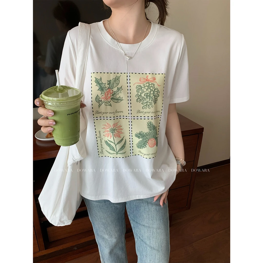现货大婉酱微胖定制【春夏邮票】韩系莱赛尔植物印花短袖T恤女6991D