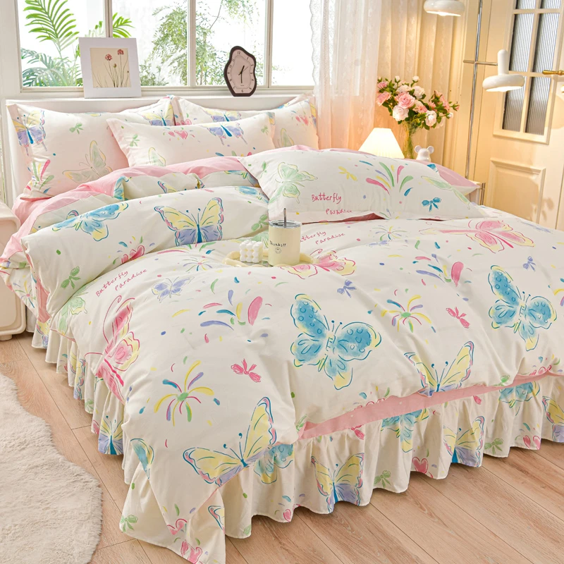 轻奢简约纯棉裸睡四件套100%全棉纯棉亲肤透气被套床单床裙四季款