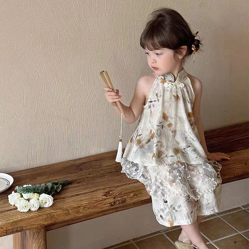 现货SC140女童夏季2025新中式国风花边套装