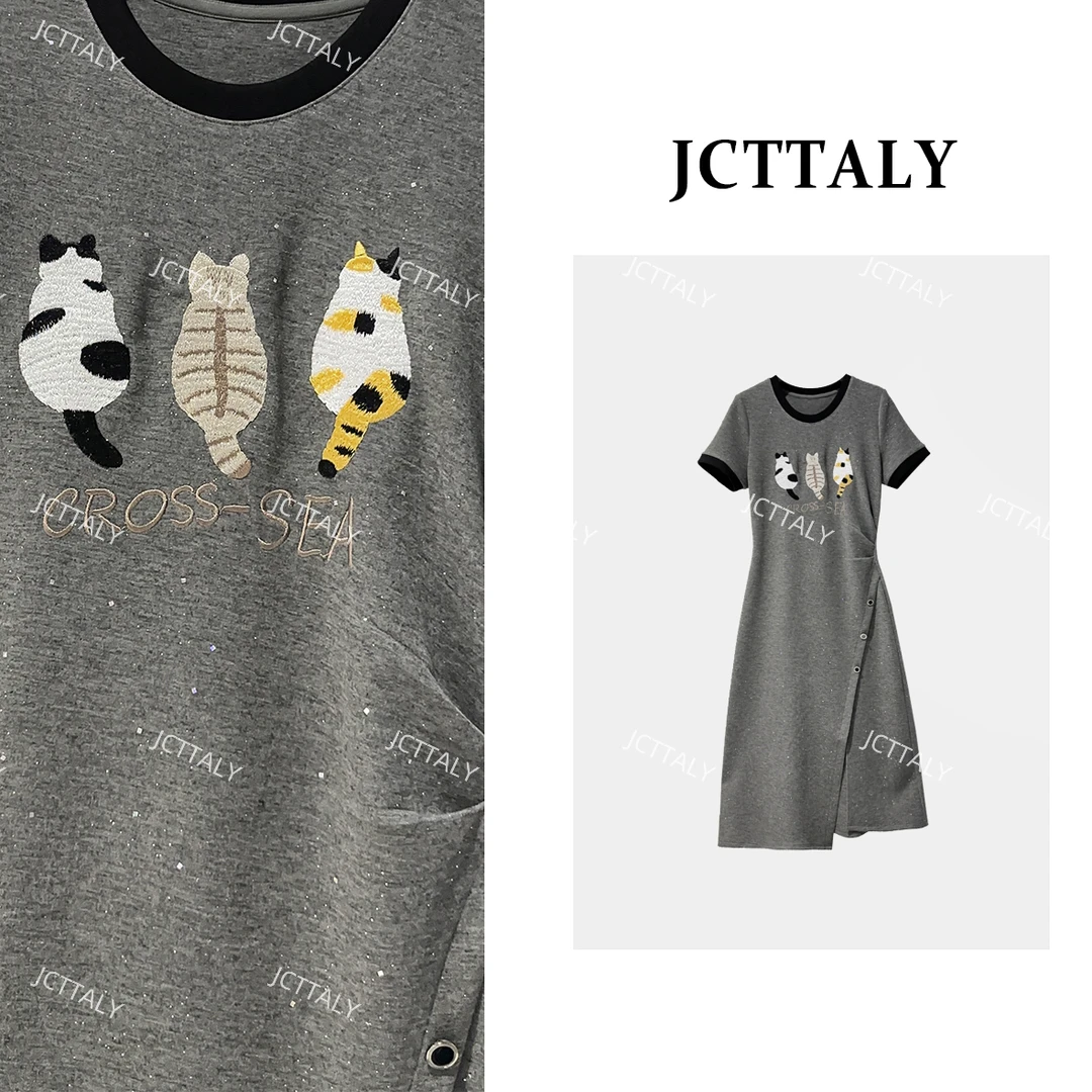 【昕昕I】休闲版三小只高级灰开叉收腰25夏季新款连衣裙女JC-A3715