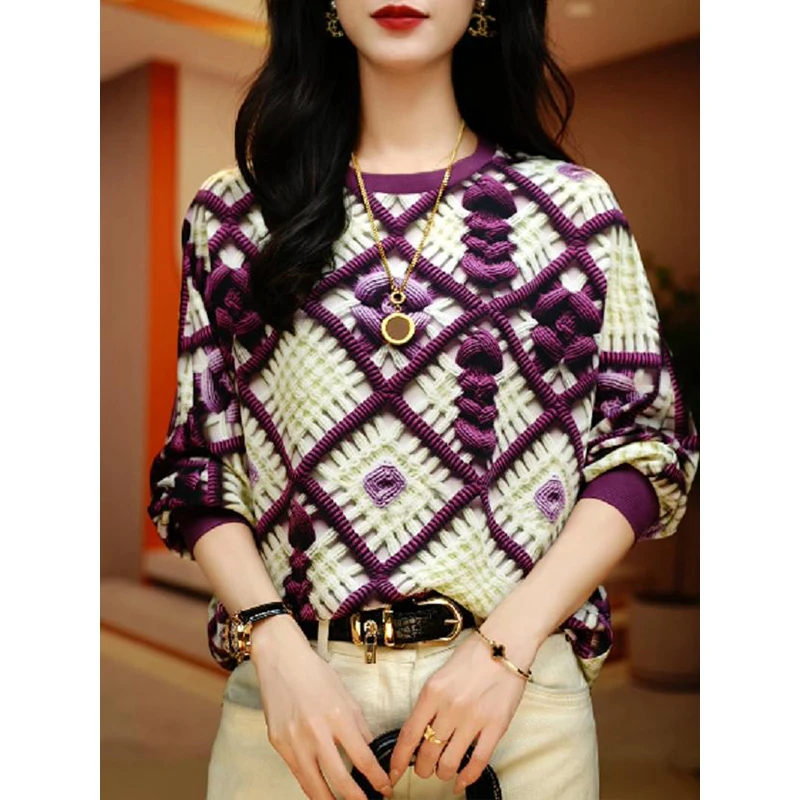 高端轻奢长袖t恤女春季新款宽松爆款印花时尚气质妈妈遮肚子上衣