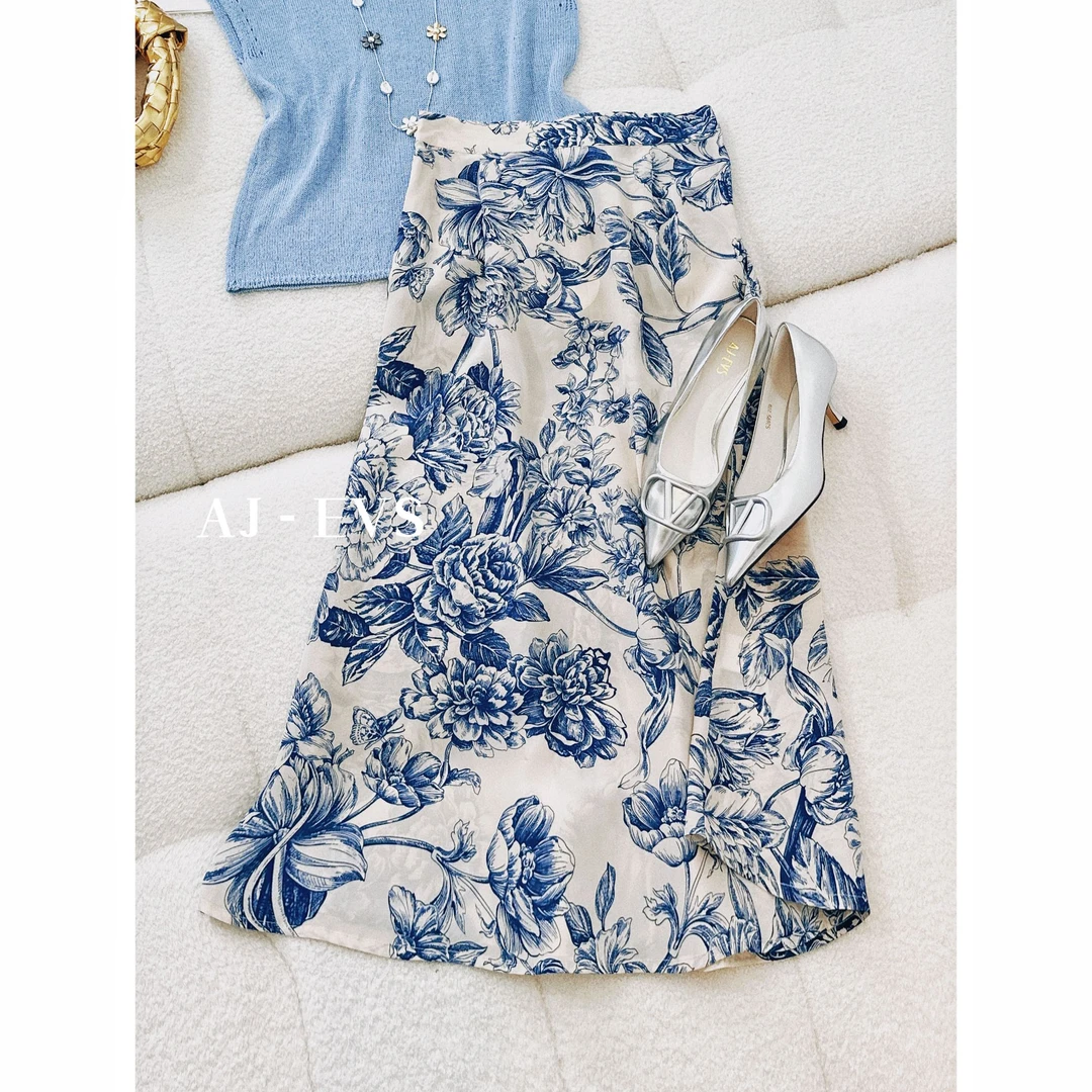 AJ-EVS【青花瓷半裙·桑蚕丝飘逸感透气舒服气质真丝松紧腰半裙】