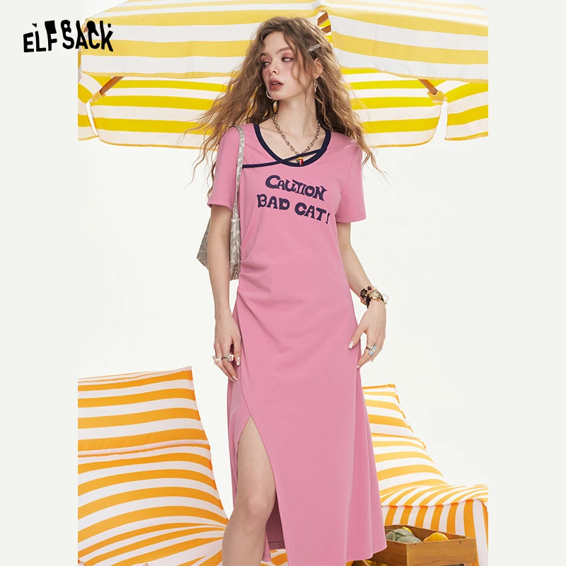 0103【金拐子】妖精的口袋字母印花收腰抽褶连衣裙女夏季新款开叉