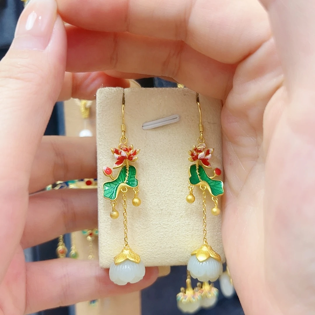 和田玉银S925镀金镶嵌耳饰