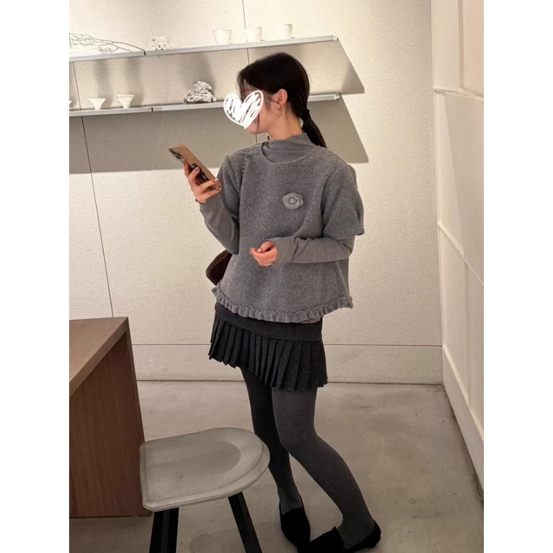 固质秋上新法式甜美小香风时尚穿搭马甲打底衫两件套套装(配胸花)