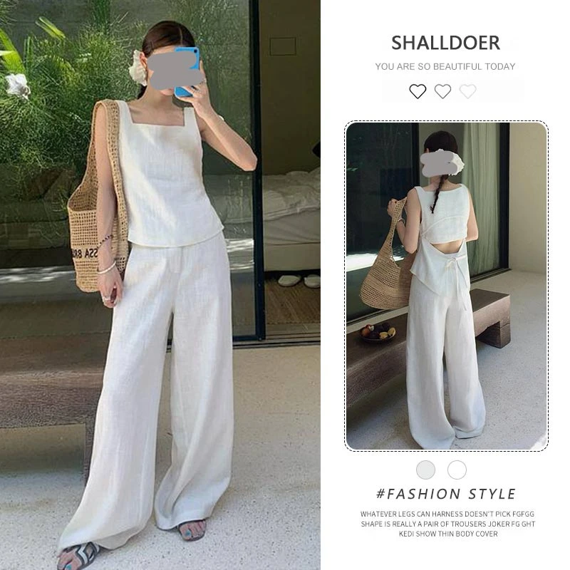 法式轻奢套装女夏季新款绑带露背无袖背心上衣直筒阔腿裤子两件套