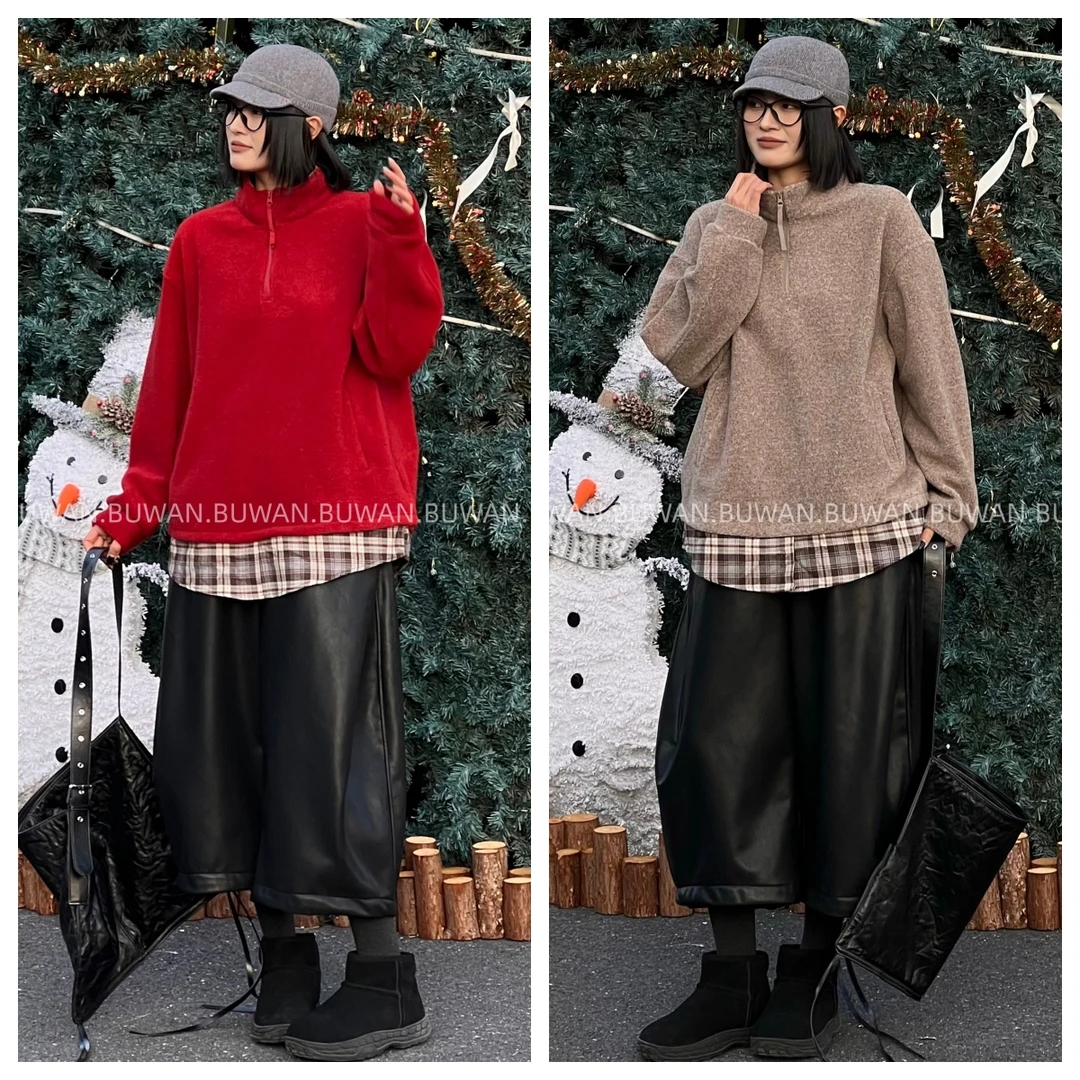 BUWAN【新春】秋冬花纱拼接衬衫假两件立领卫衣宽松休闲套头1215