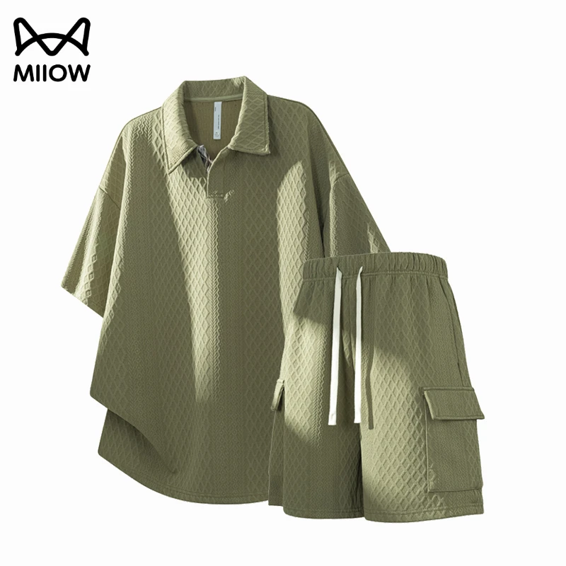 猫人套装男夏季polo衫短袖美式菱形设计感提花短裤宽松休闲两件套