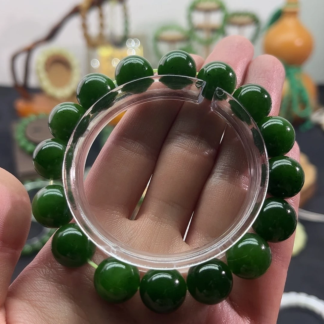 和田玉未镶嵌颈饰俄碧-老料菠菜绿-13mm手串