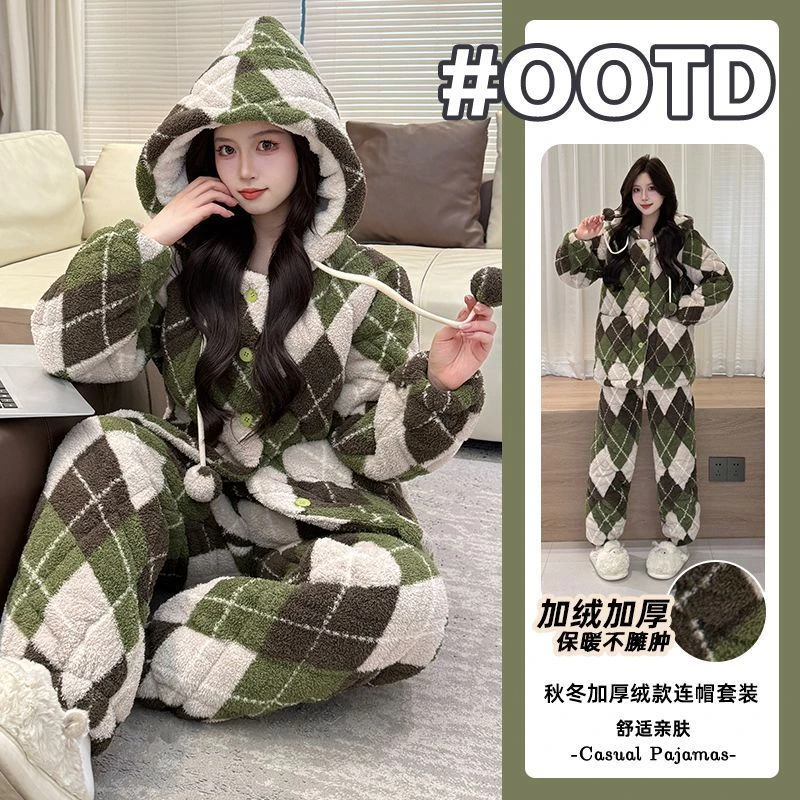 2025冬季半边绒菱格睡衣女珊瑚绒三层夹棉加绒加厚保暖家居服外穿