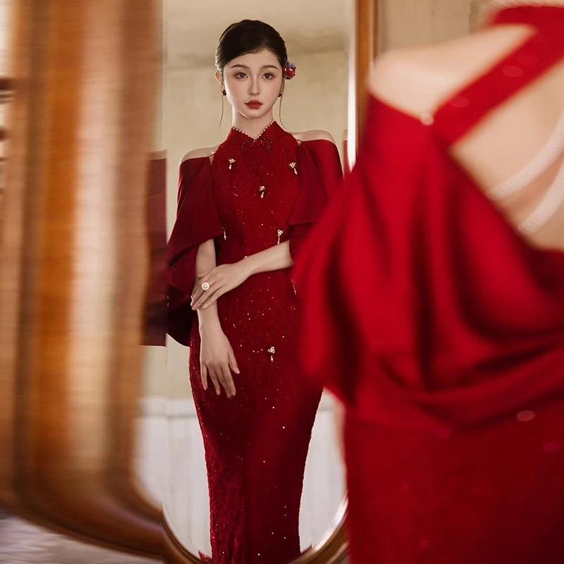 新中式旗袍敬酒服2025新款高级感修身晨袍改良订婚礼服裙气质高端