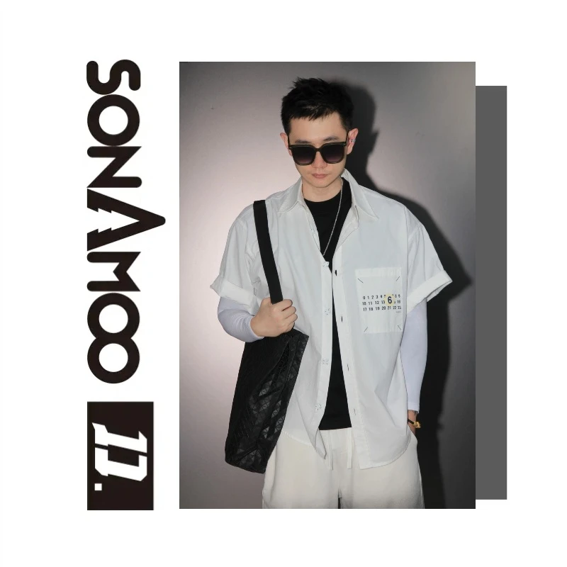 【黛仪专属】压胶印花黑白时尚休闲宽松百搭衬衫男夏季D13301