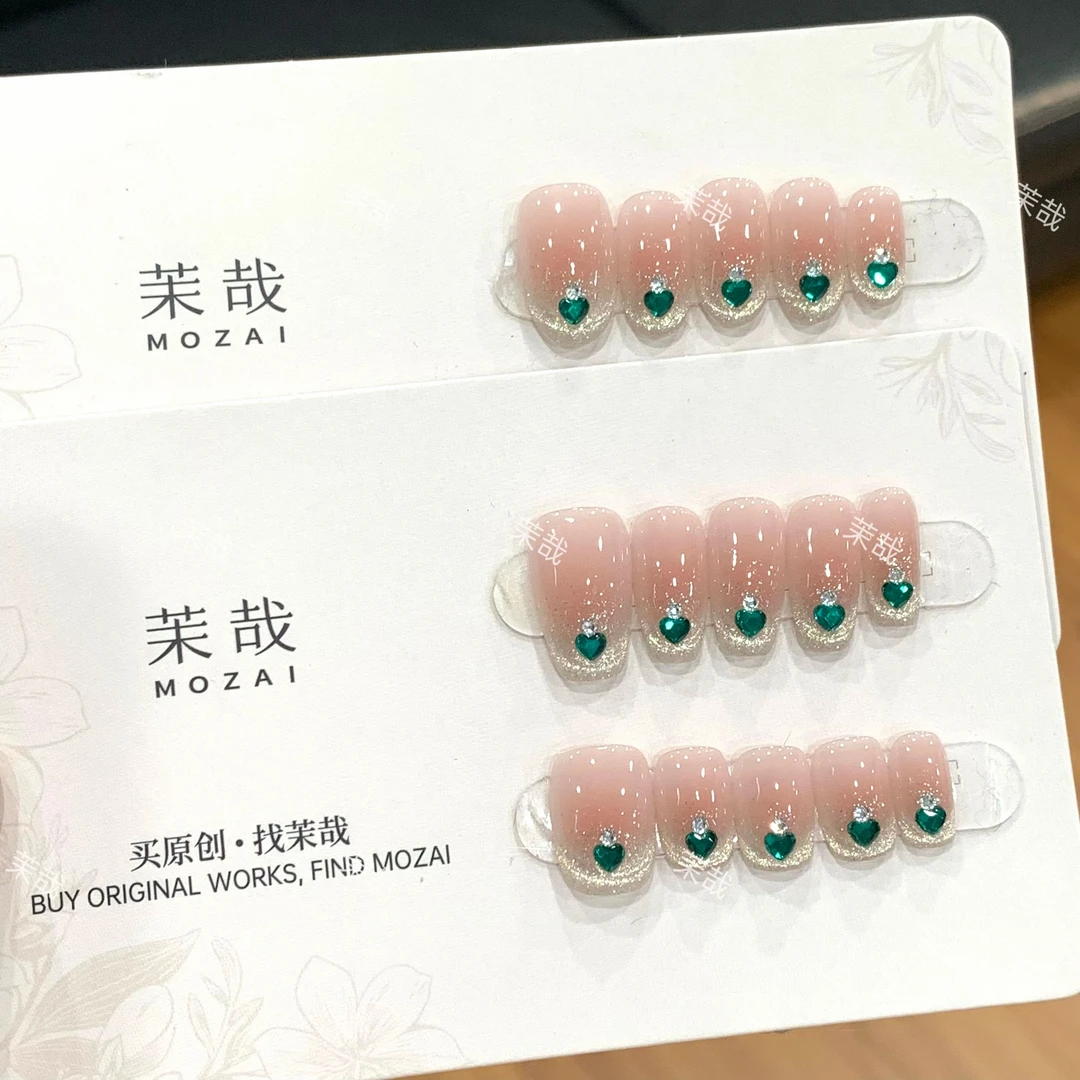 茉哉清现货【翡翠情书】纯手工定制美甲拆卸穿戴甲A3826