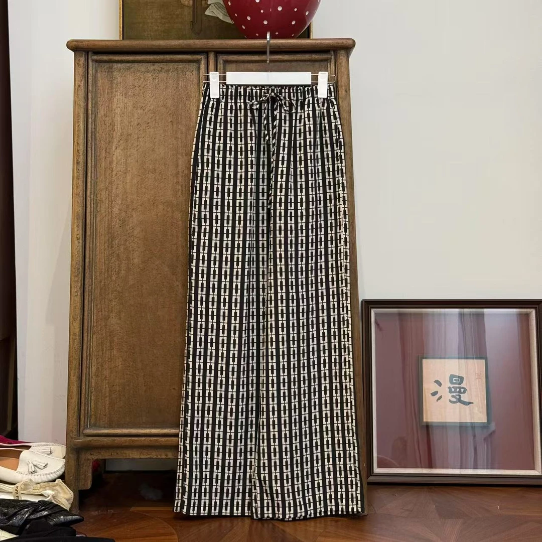 MYL 2025夏季新款双绉真丝休闲裤数码印花直筒阔腿裤松紧腰长裤