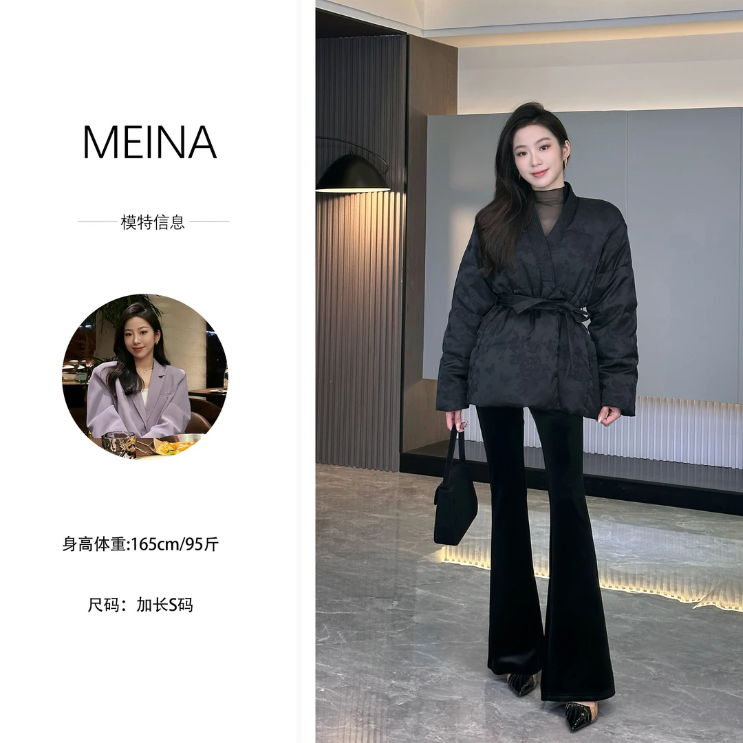 MN【中式典雅】冬季新款韩版收腰V领系带刺绣提花加厚保暖羽绒服