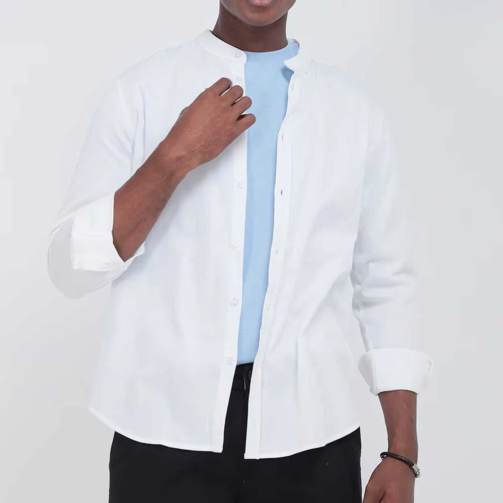 欧美原单男士无印风衬衫夏季小立领修身全棉亲肤透气长袖衬衣