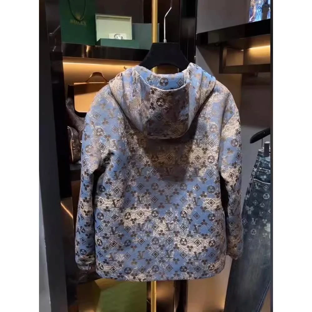 欧货渐变雾霾蓝丝绸质感秋冬新款卫衣男士连帽夹克外套老花秋冬