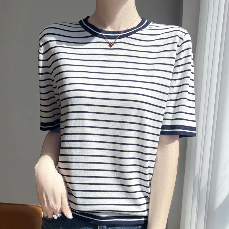 高端时尚条纹简约针织T恤夏季百搭薄款宽松桑蚕丝半袖 女休闲短袖