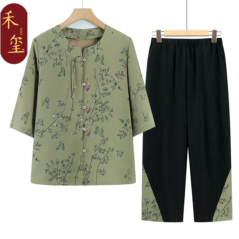 礼物母亲节老人夏装套装夏季两件套中年妈妈装60-70岁高档妈妈装