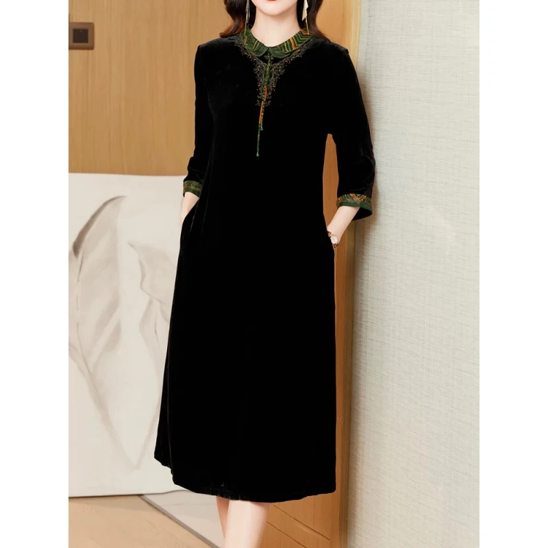 桑蚕丝真丝绒连衣裙妈妈2025新款正品丝绒秋季爆款真丝金丝绒气质