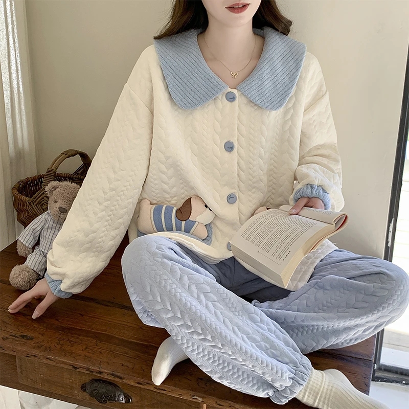 睡衣女秋冬季加厚夹层棉空气棉卡通套装新款胖mm宽松加大码家居服