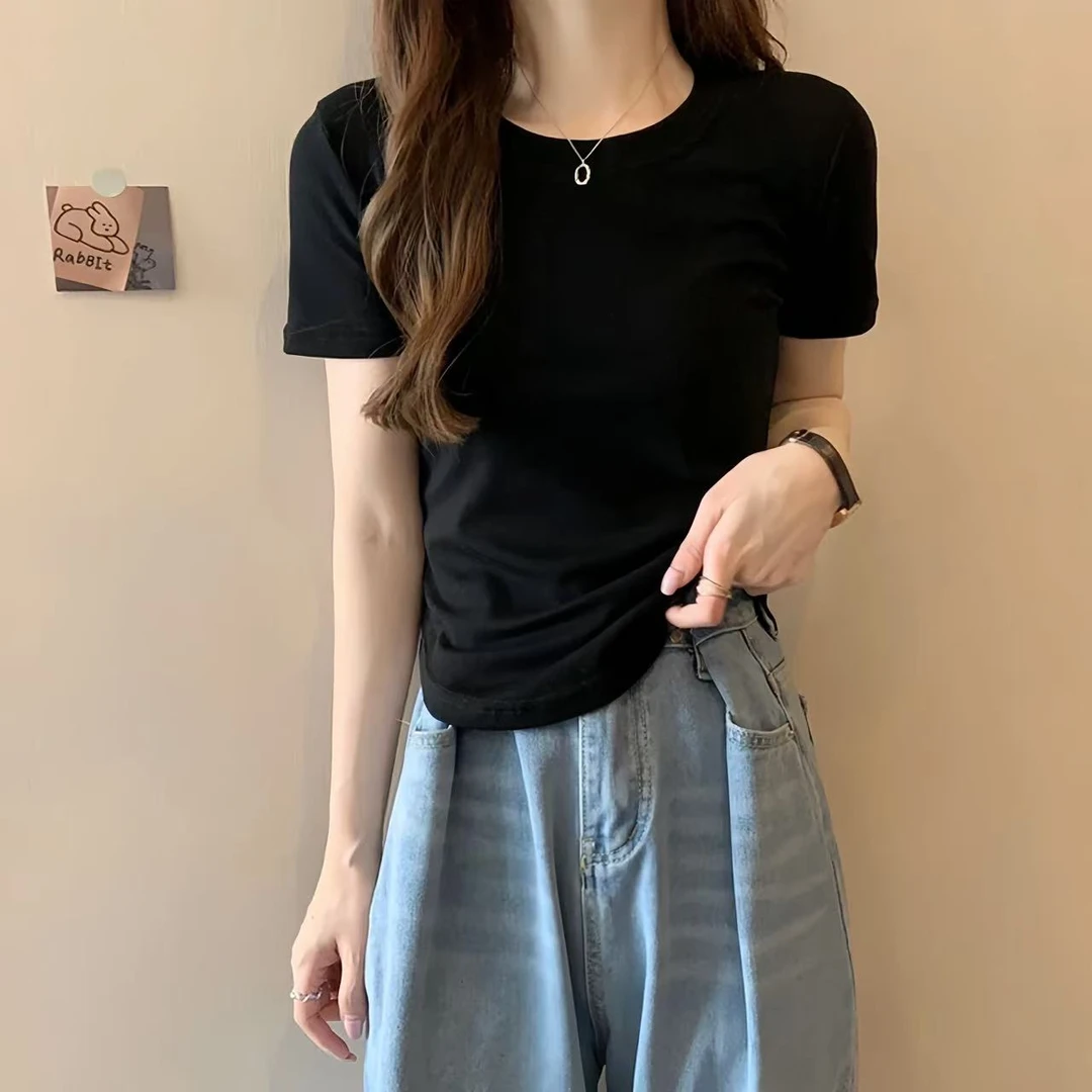 弧形下摆辣妹修身显瘦正肩短袖夏季热卖T恤打底衫t恤百搭上衣