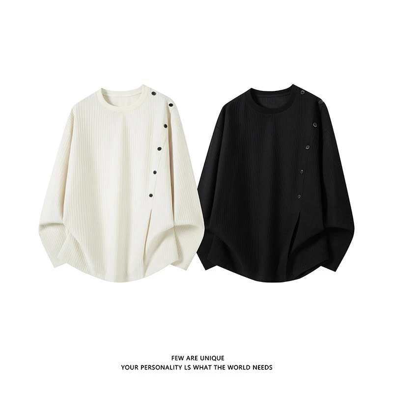 秋季新款男女斜扣设计感上衣圆领百搭韩版宽松纯色套头长袖卫衣