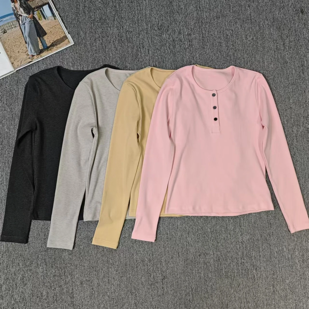 84138余小鱼 【休闲日记】四色纯色圆领三粒扣百搭简约长袖女装