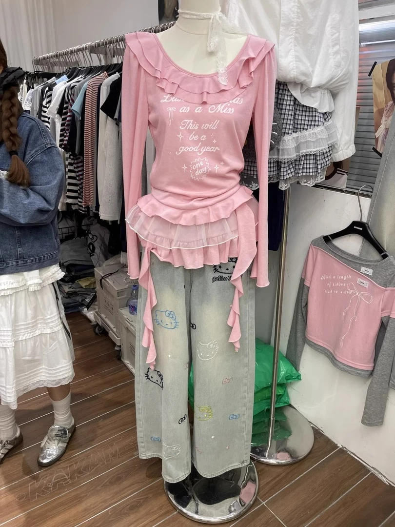 美式童趣小猫刺绣牛仔裤女春秋阔腿宽松拖地裤高腰显瘦直筒裤