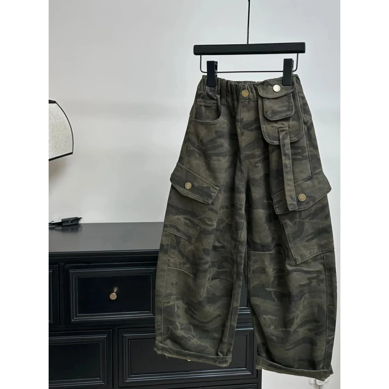 男女童2025秋装新款休闲伞兵工装迷彩长裤中大童痞帅宽松弯刀裤潮