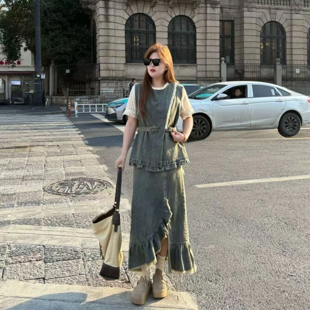 【琦琦家】大码复古牛仔拼接假两件上衣+半身裙两件套