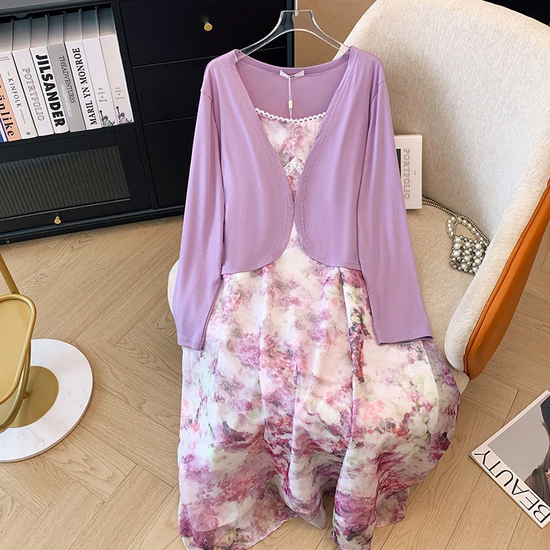 300斤大码女装胖mm度假风碎花吊带裙+外搭开衫两件套2025春秋新款