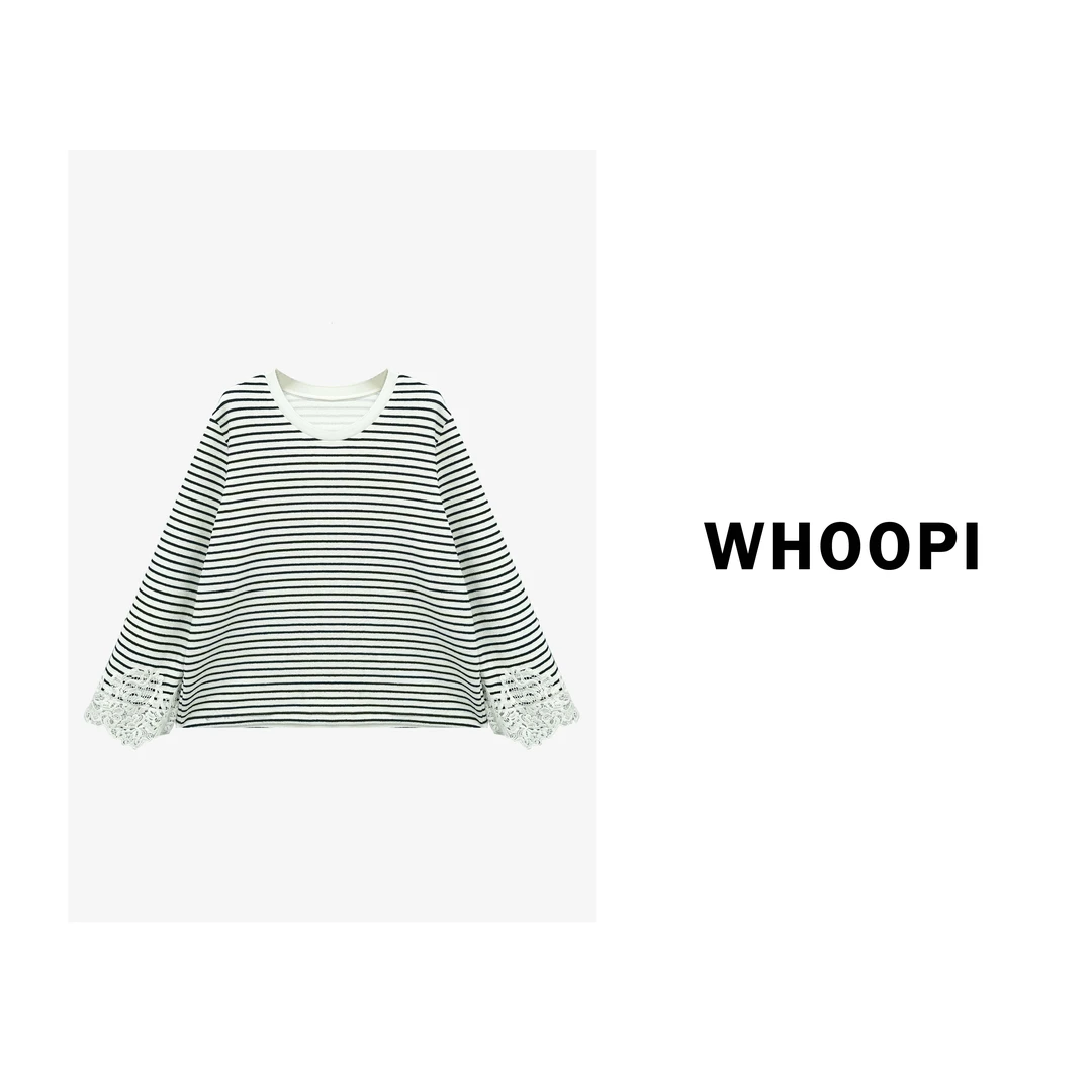 【Whoopi】【知秋】设计感重工蕾丝刺绣拼接水波纹条纹长袖卫衣