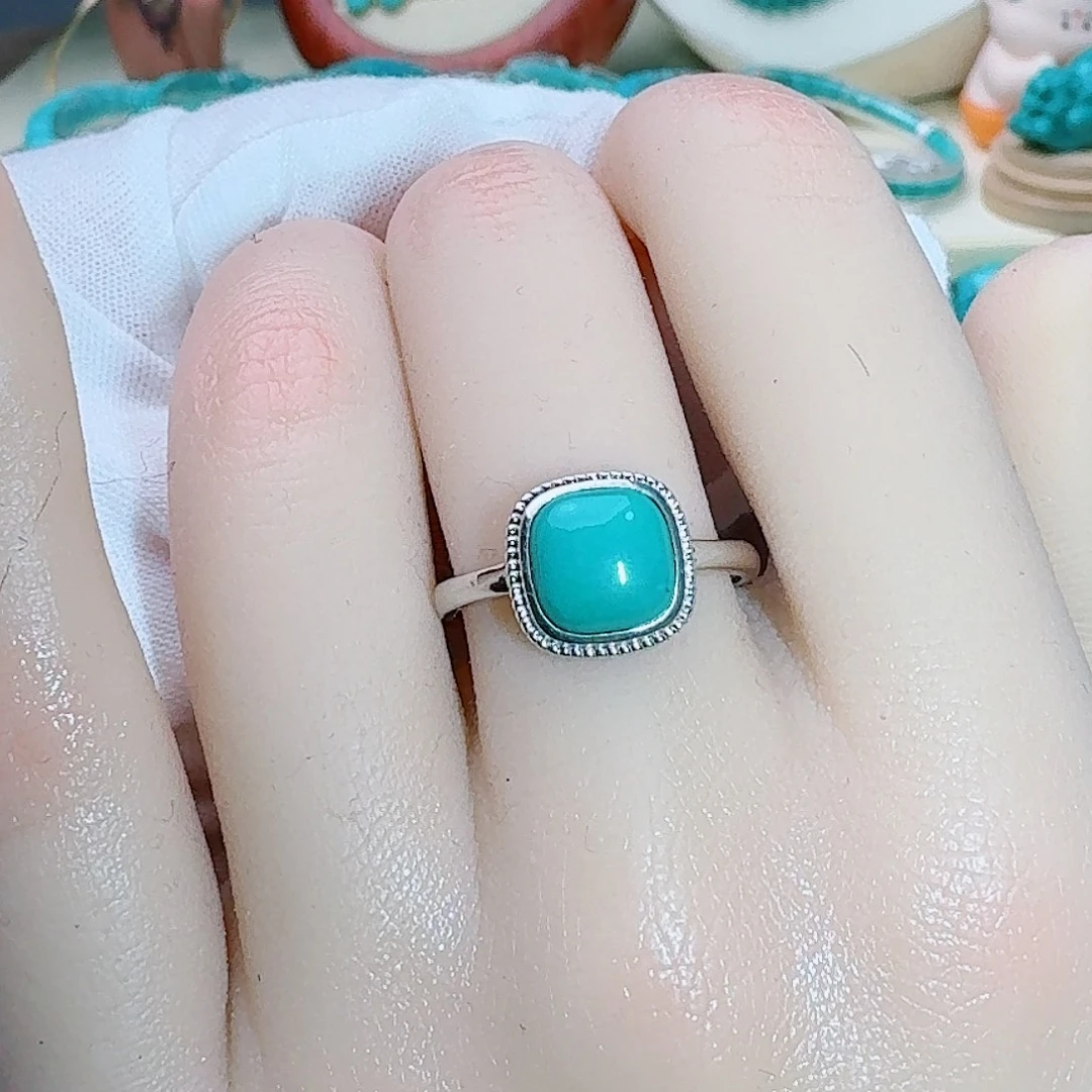 绿松石银S925镶嵌珠宝奇石简约方糖戒指