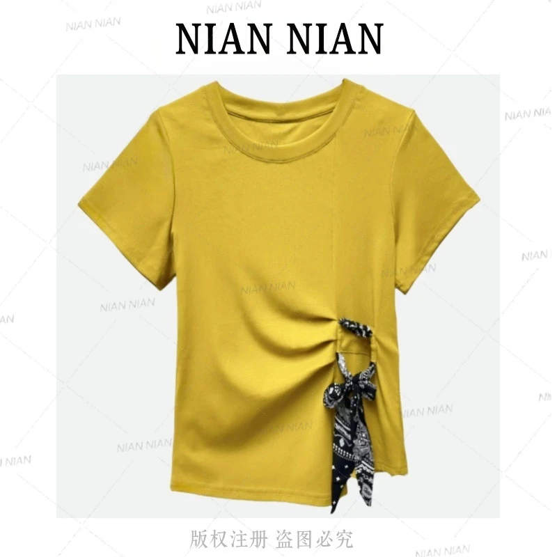 〖兰亭序〗年年2025夏季韩系丝巾绑带收腰褶皱短袖t恤百搭显瘦上衣