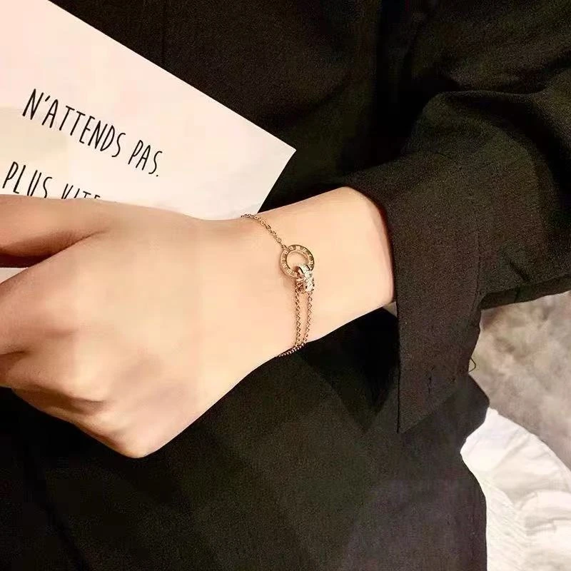 合金手链 双环拼接罗马字体钛钢手链女百搭不掉色金色手饰配饰