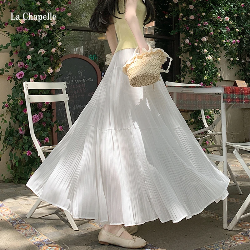 拉夏贝尔雪纺半身裙女新款2025高腰显瘦白色蛋糕裙A字百褶长裙