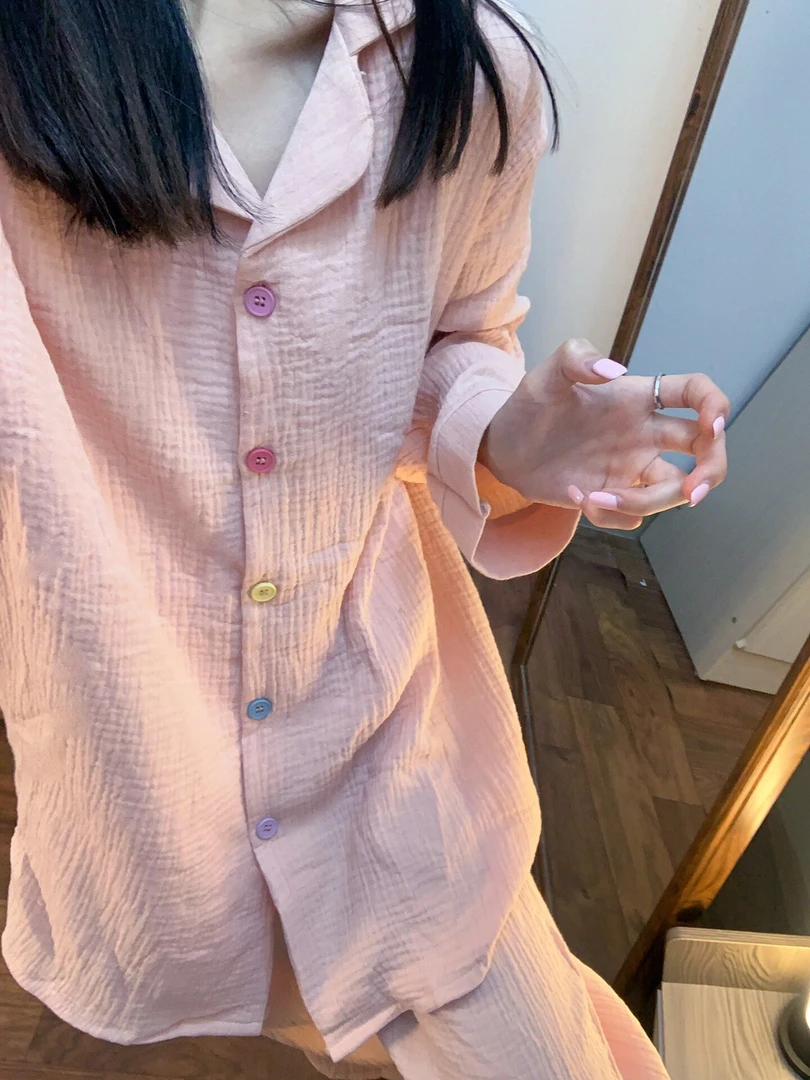 少女甜美粉色纯棉睡衣女春秋款新款棉纱长袖长裤家居服两件套全棉